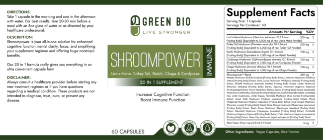 SHROOMPOWER 20 IN 1 60 Capsules Lions Mane, Turkey Tail, Reishi, Chaga & Cordyceps - Image 2